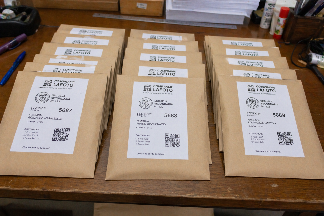 SObres impresos para la entrega de fotos ordenadas de fotogroafia escolar con compramelafoto