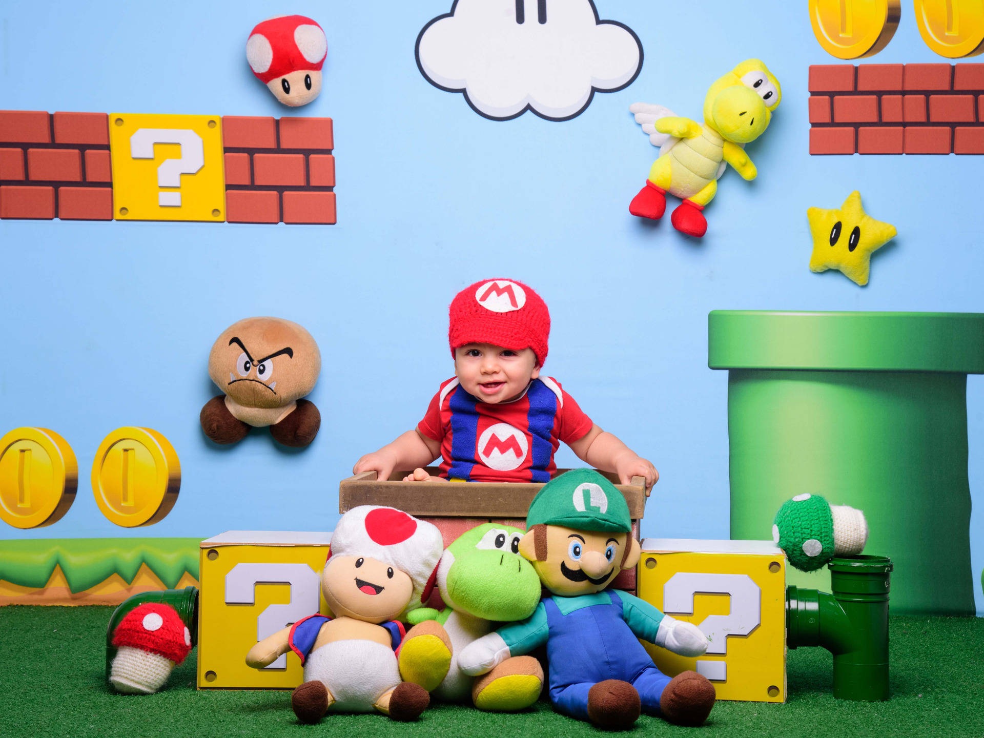 inspiração ensaio bebês, bebês fofos, Super Mario, Princesa Peach, Luigi, Bowser, Yoshi, Toad, sessão de fotos temática, fotos mario bros, jogo super mario, bebê fantasiado, fantasia super mario, sessão super mario