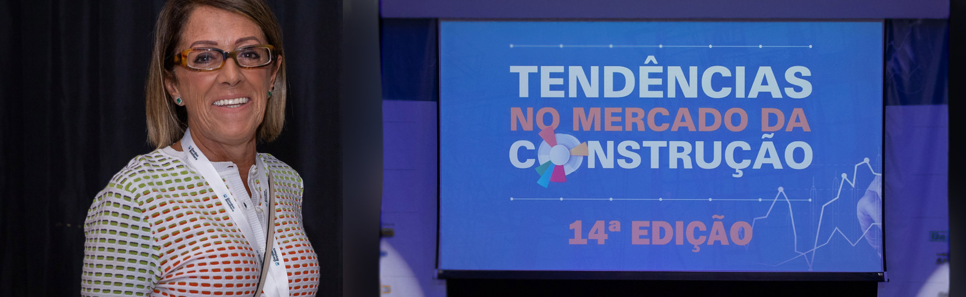 Organizadora do evento sorrindo e ao lado dela uma imagem do telão com o nome do evento