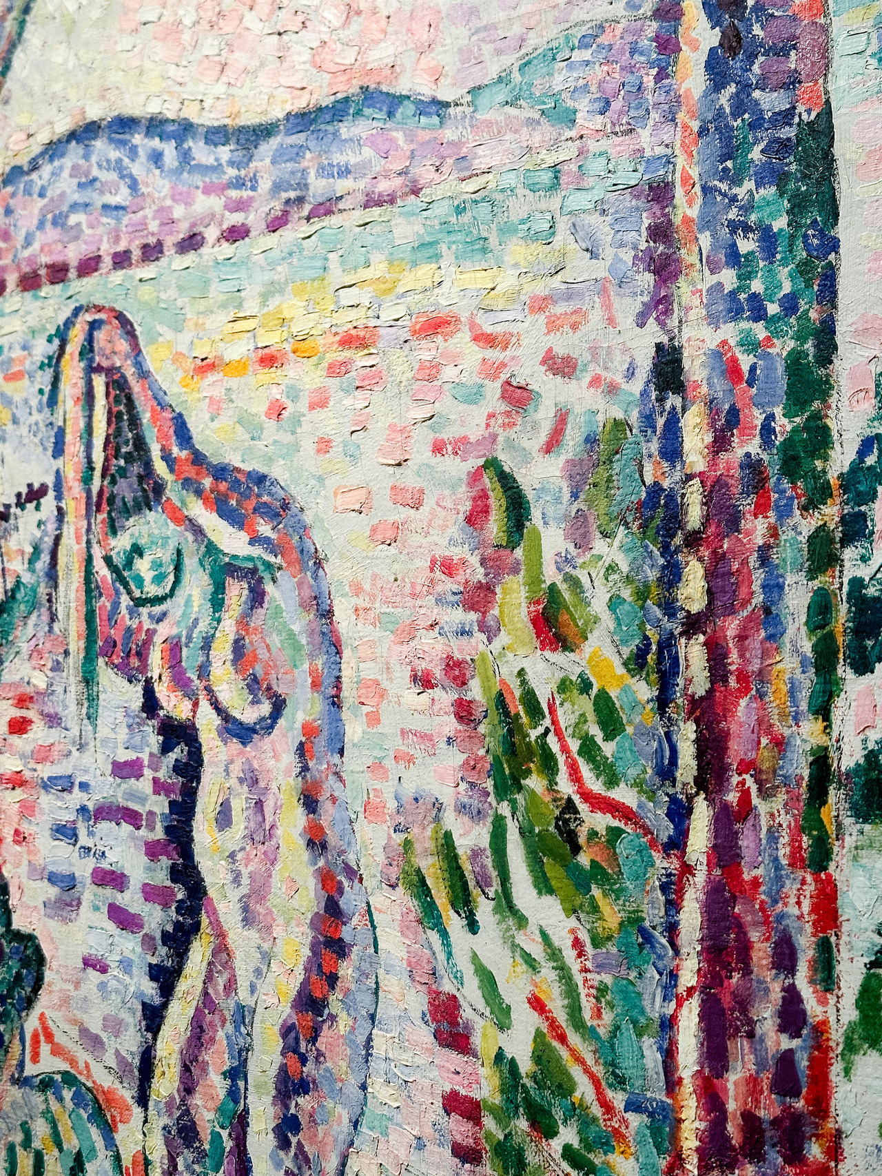 Detail of Henri Matisse’s Luxe, calme et volupté, 1904, showing colourful separated brushstrokes and visible areas of canvas.