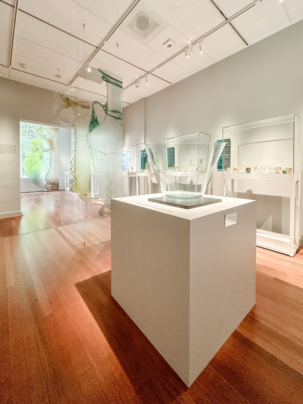 Bright gallery at the Allard Pierson Museum with glass display cases, a large transparent bowl and suspended glass imagery.