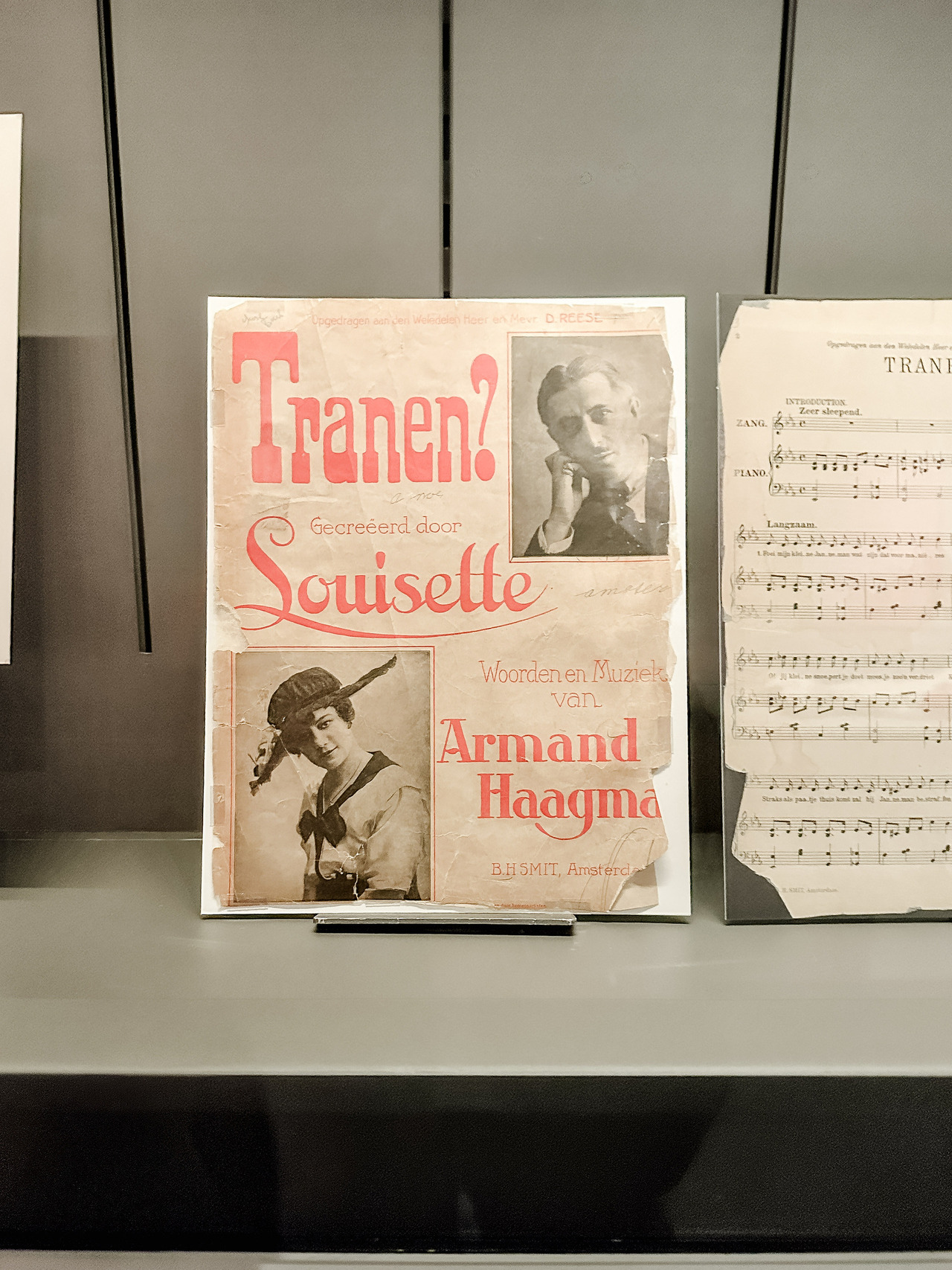 Historical sheet music for Tranen?, created by Dutch revue performer Louisette, displayed at the Allard Pierson Museum in Amsterdam.