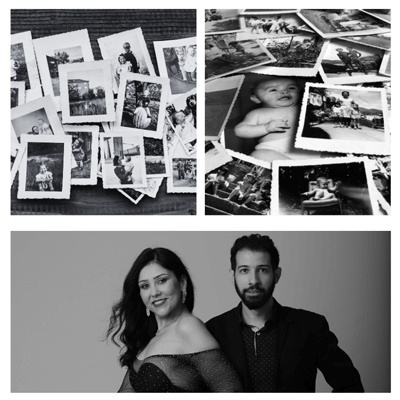 foto com fotografias impressas preto e branco e uma foto do casal que esta a frente do estudio rossinis Priscila Rossini e Diego Souza