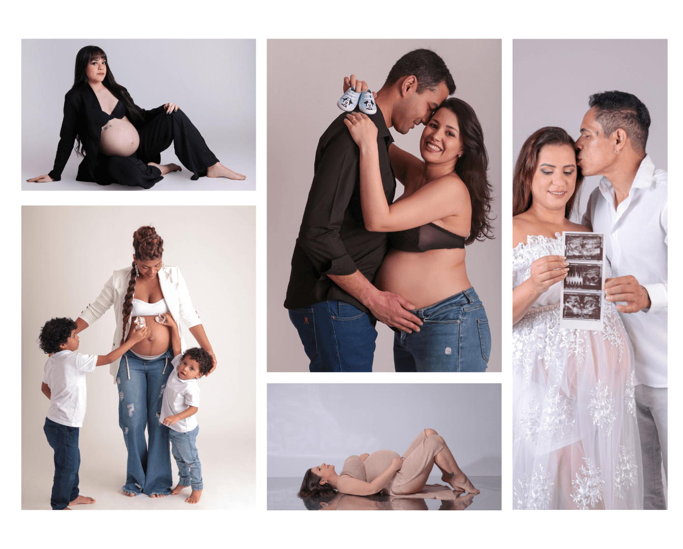 Foto montagem com algumas fotos de ensaios de gestante, gestante sentada, gestante com o pai, gestante segurando ultrasom, gestante deitada, gestante com filhos