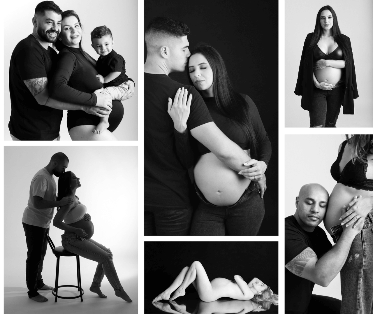 composição de algumas fotografia de ensaio gestante, com o pai e mãe, filhos, irmão mais velho, gestante clean e atemporal, estúdio em São Paulo