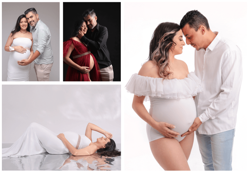 fotografia com imagens de gestante em ensaios fotográfico no estúdio rossinis, gestante com o pai,