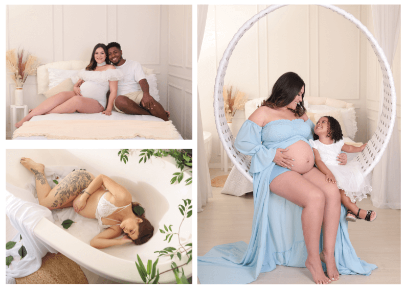 gestante com filha na balança, gestante com o pai no cenário do quarto, gestante na banheira, cenário exclusivo em suzano SP