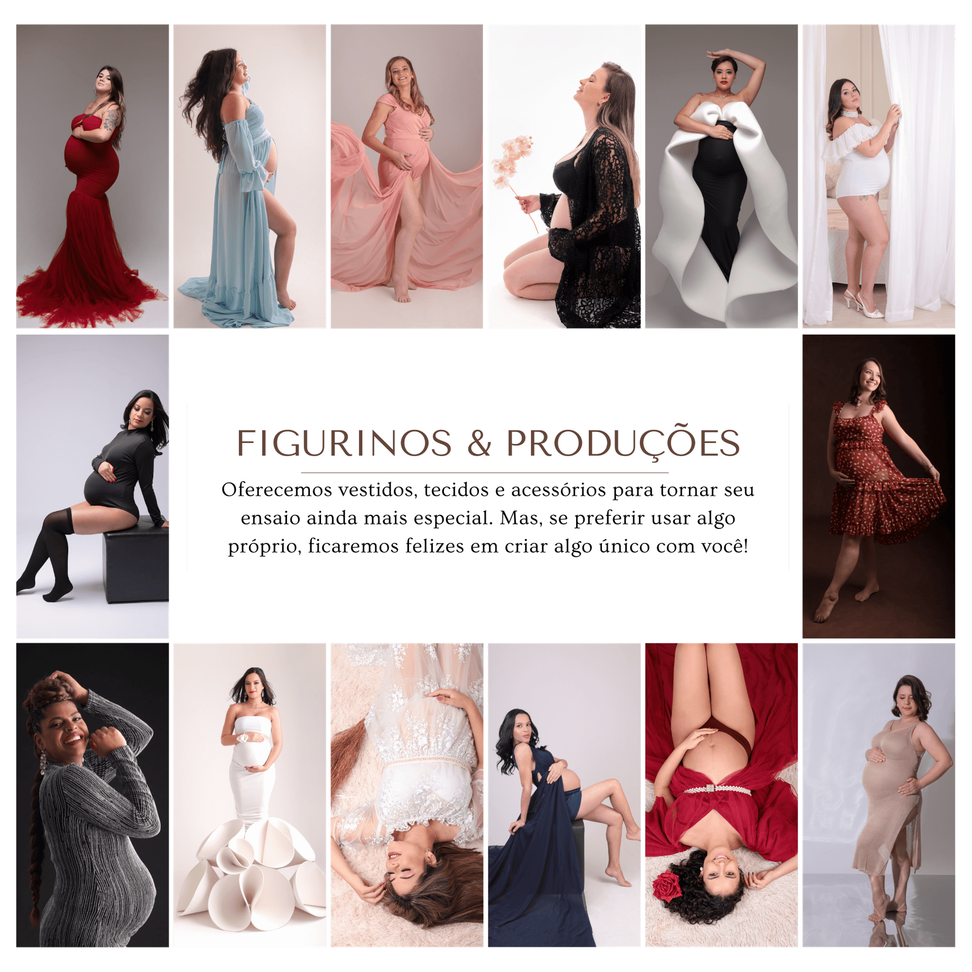 Imagem com algumas produções que temos disponíveis no estudio para as gestantes. vestidos, robes, body, meias e alguns acessorio como brincos, colares, pulseiras, e muito mais!