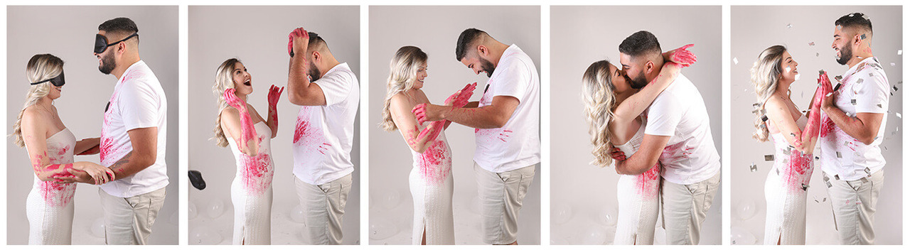 imagem com cinco fotografias do ensaio de revelação do bebê em estúdio, mãe e pai esperando uma menina