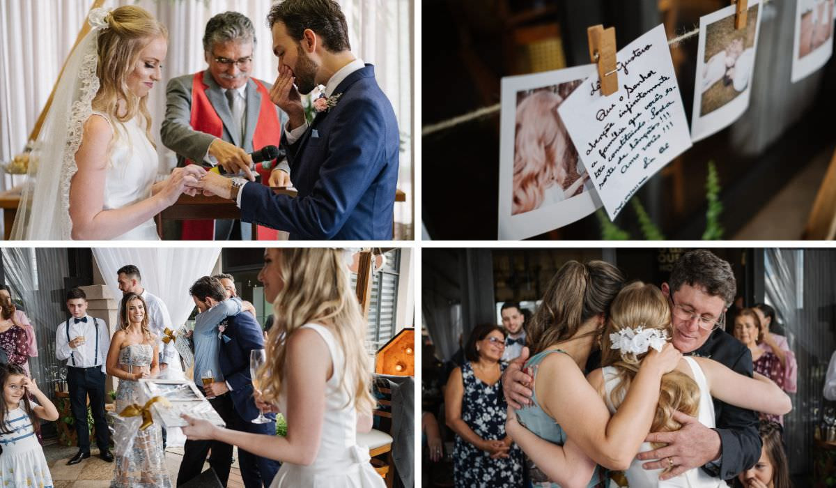 casamento simples, intimista, com os noivos verdadeiramente e intimamente ligados aos convidados, noiva abraçando os mais, dando discurso e um foto de bilhete num varal