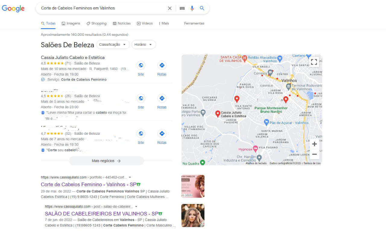 Pesquisa no Google sobre Corte de Cabelos Feminino em Valinhos SP