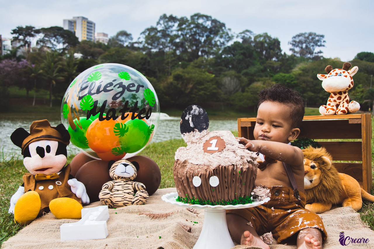 Um bebê está sentado ao ar livre em um cenário de parque, com árvores e um lago ao fundo. Ele está com a mão no bolo de aniversário, que é decorado em tons de marrom e verde, com um grande número "1" em cima. Ao lado do bebê, há balões coloridos, um com o nome "Eliézer Matteo", e vários brinquedos de pelúcia, incluindo um Mickey Mouse, um tigre e um leão.