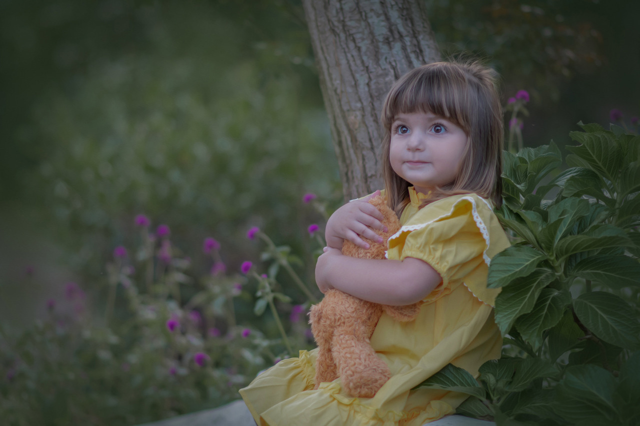 Uma menina pequena, com cabelos castanhos claros e franja, está sentada ao lado de uma árvore. Ela veste um vestido amarelo com detalhes brancos e seguro um ursinho de pelúcia laranja contra seu peito. A cena é em um ambiente natural, com folhagens verdes e flores pequenas e roxas ao fundo, transmitindo um clima tranquilo e sereno.