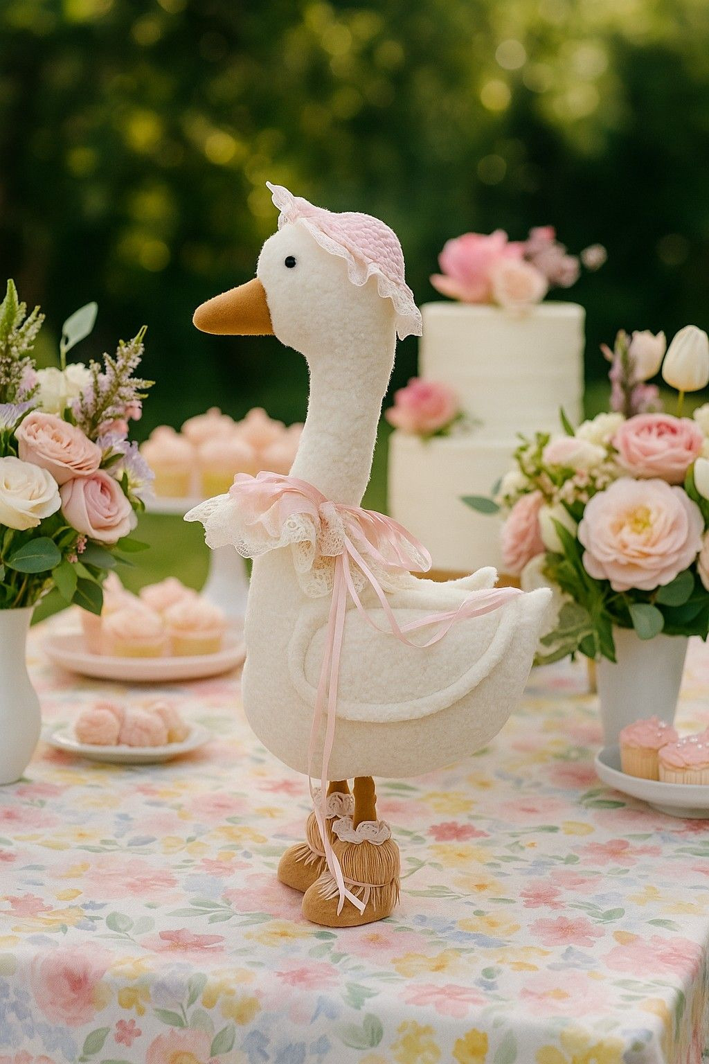 Ganso decorativo sobre mesa temática, de aniversário infantil, com bolo ao fundo. O ganso usa botinhas de palha e chapéu rosa, cercado por flores em vasos.