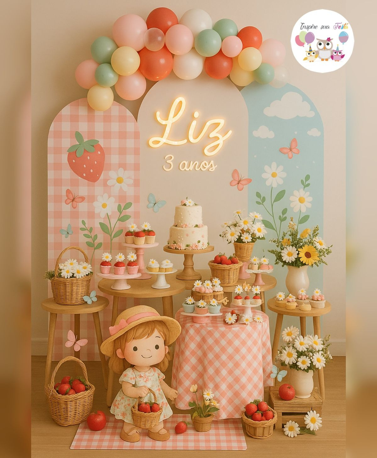 Decoração de festa infantil com morangos em frente a mesa tem o desenho de uma criança segurando uma cesta de morangos