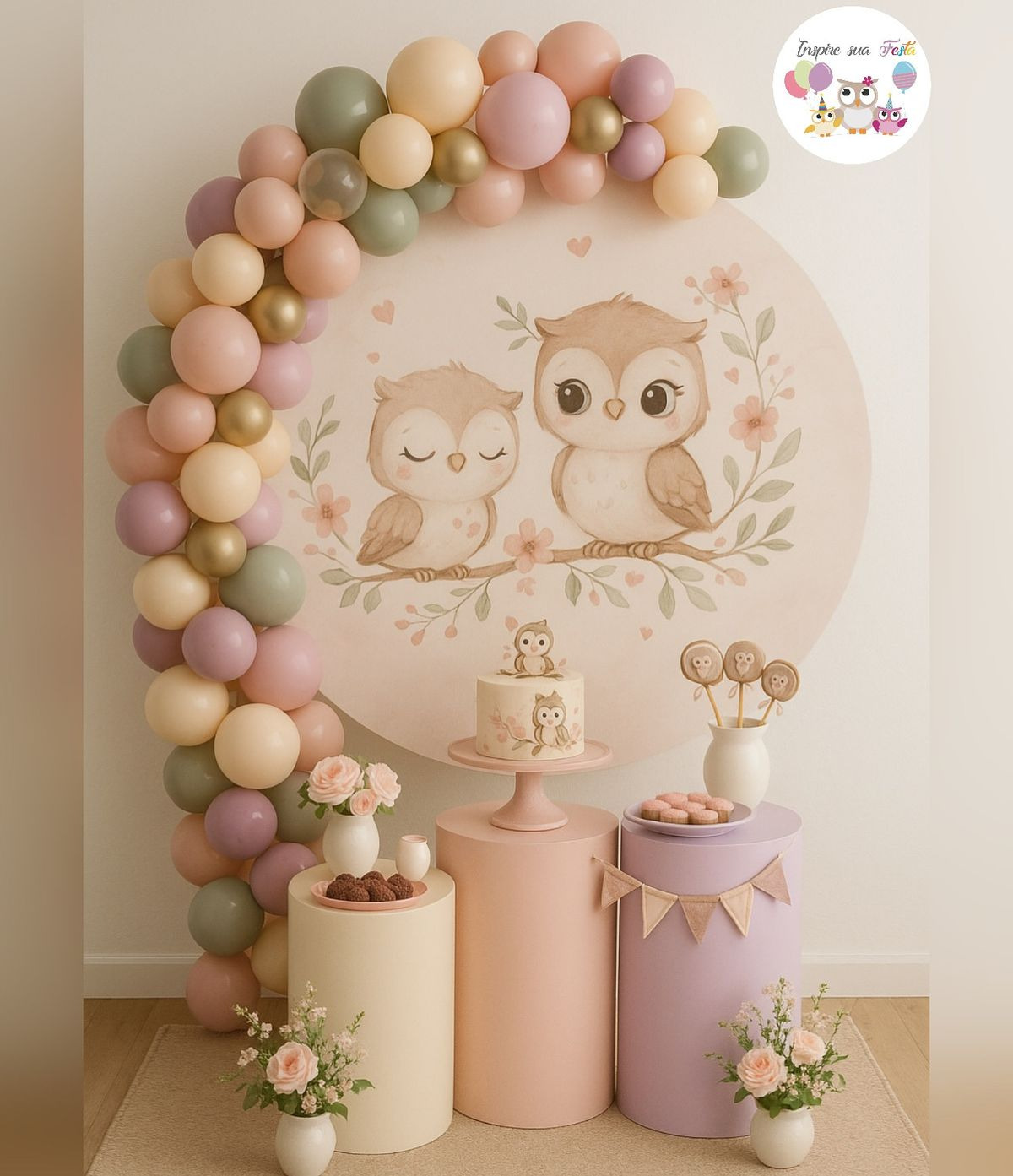 Decoração de festa infantil com tema coruja, ao fundo painel com 2 corujas em um galho e um arco de balões em tons pastéis rosa, verde e amarelo.