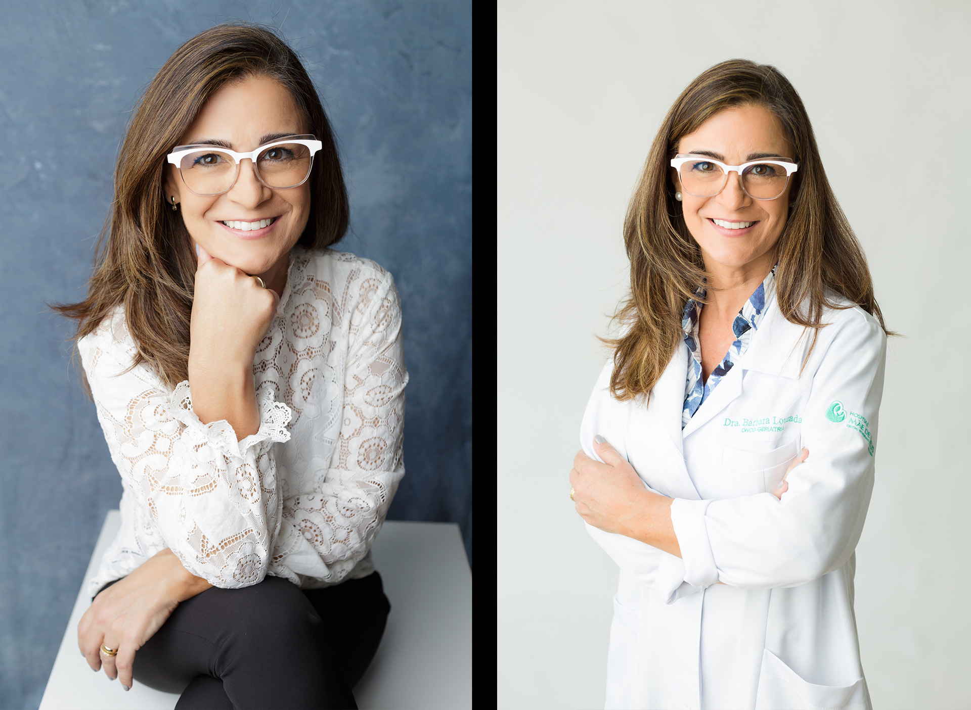 retrato de mulher médica usando jaleco branco, óculos branco e fundo cinza claro para ensaio corporativo