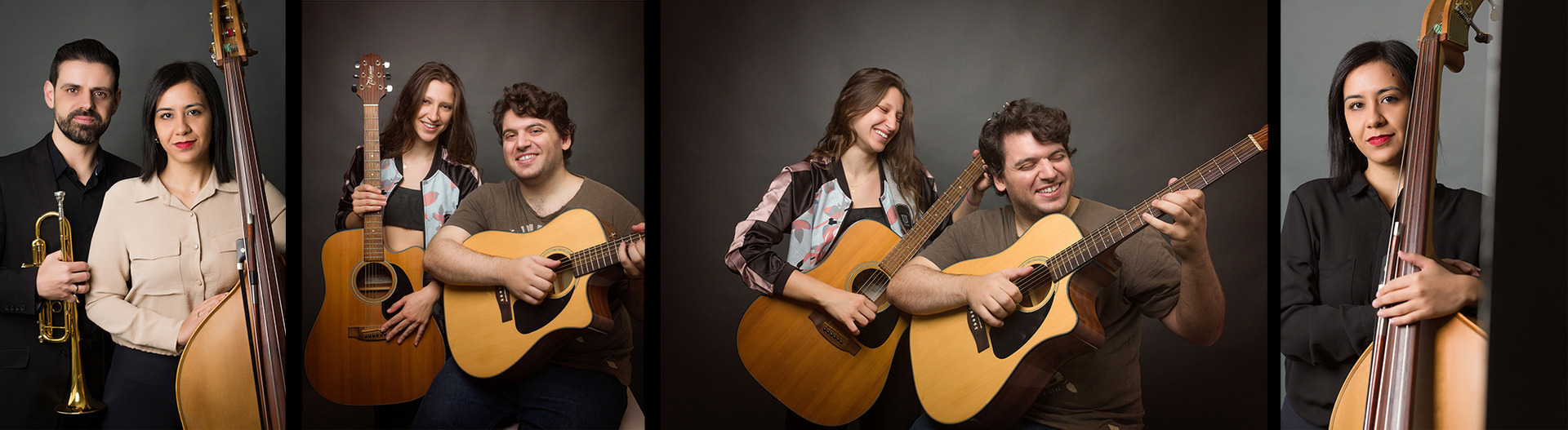 fotografias de músicos com instrumentos musicais em fundo cinza escuro
