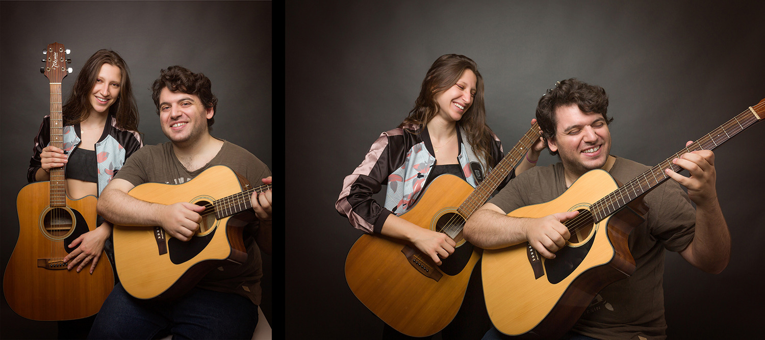 fotografias de músicos com instrumentos musicais em fundo cinza escuro