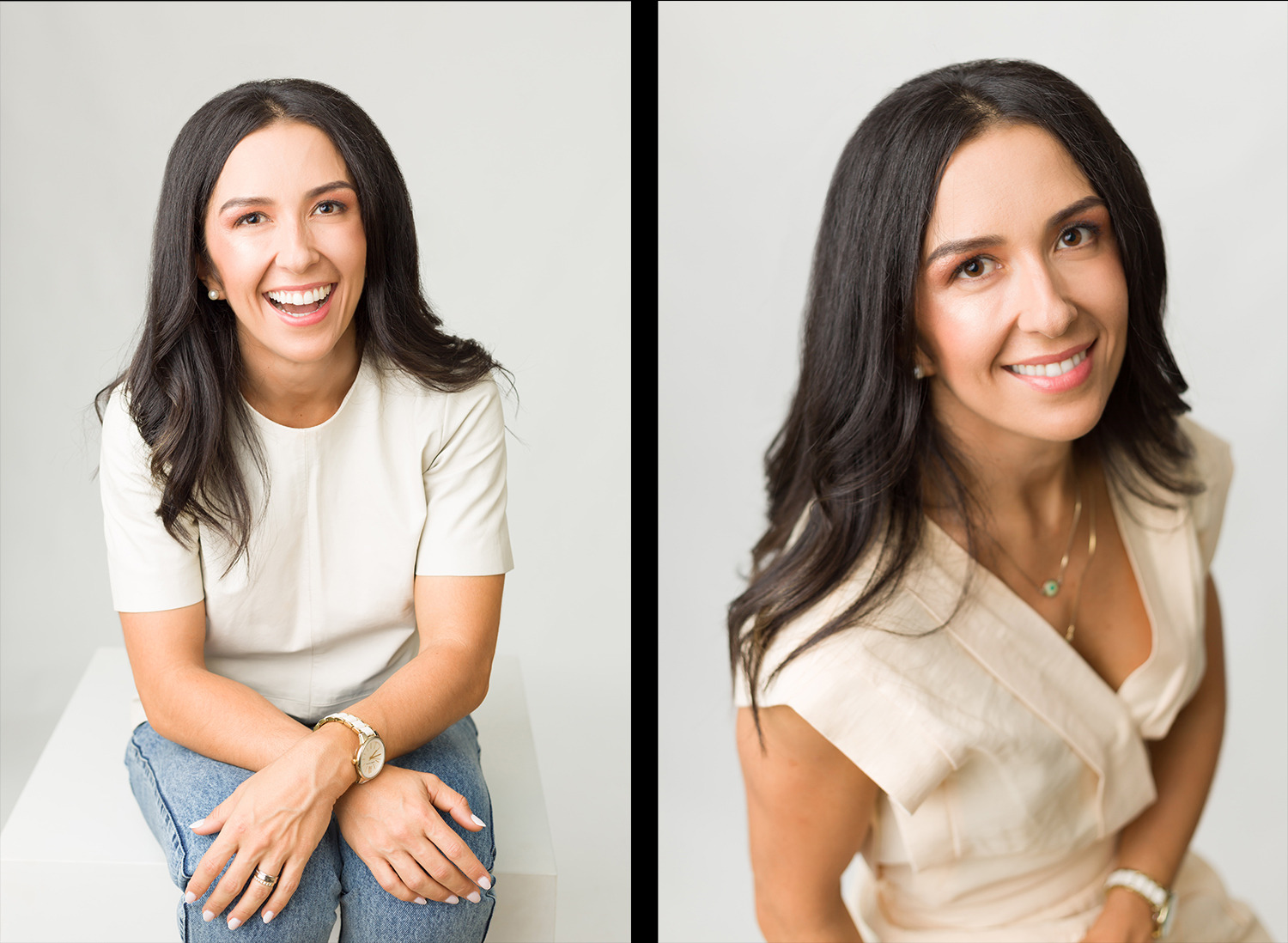 retrato de Mulheres com roupas neutras para fotografia empresarial, fundo cinza claro