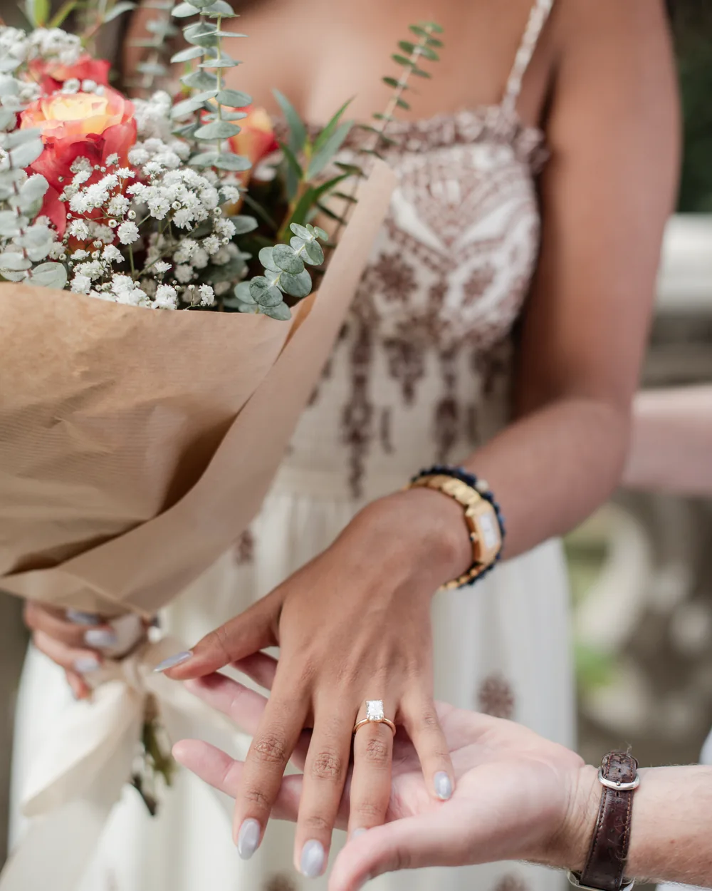 Engagement ring and bouquet just after the proposal at Palácio de Monserrate, Sintra proposal photography by Mariana Castanheira