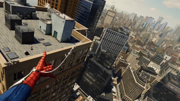 Homem-aranha disparando sua teia para o prédio à frente