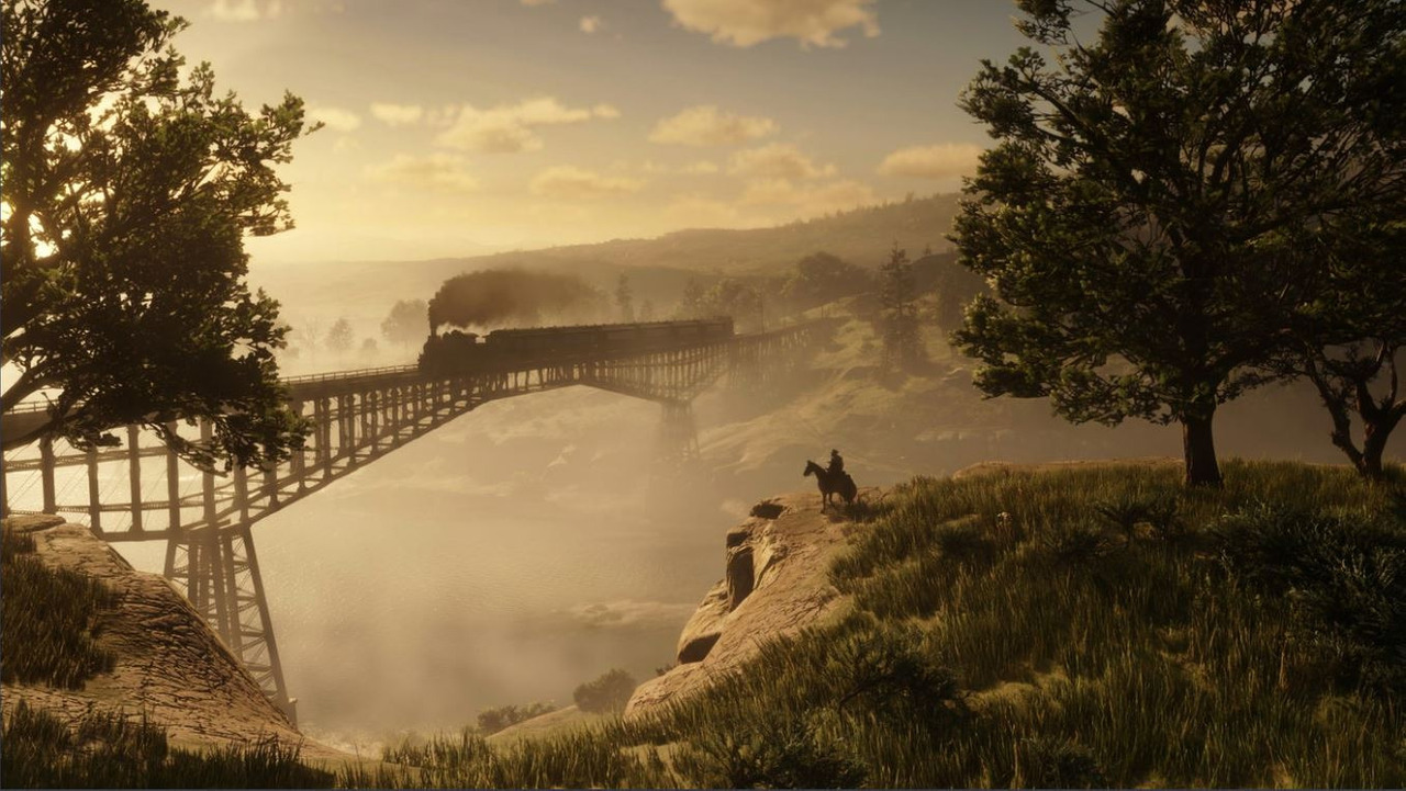 Imagem do jogo - homem no cavalo contempla horizonte com ponte onde passa um trem