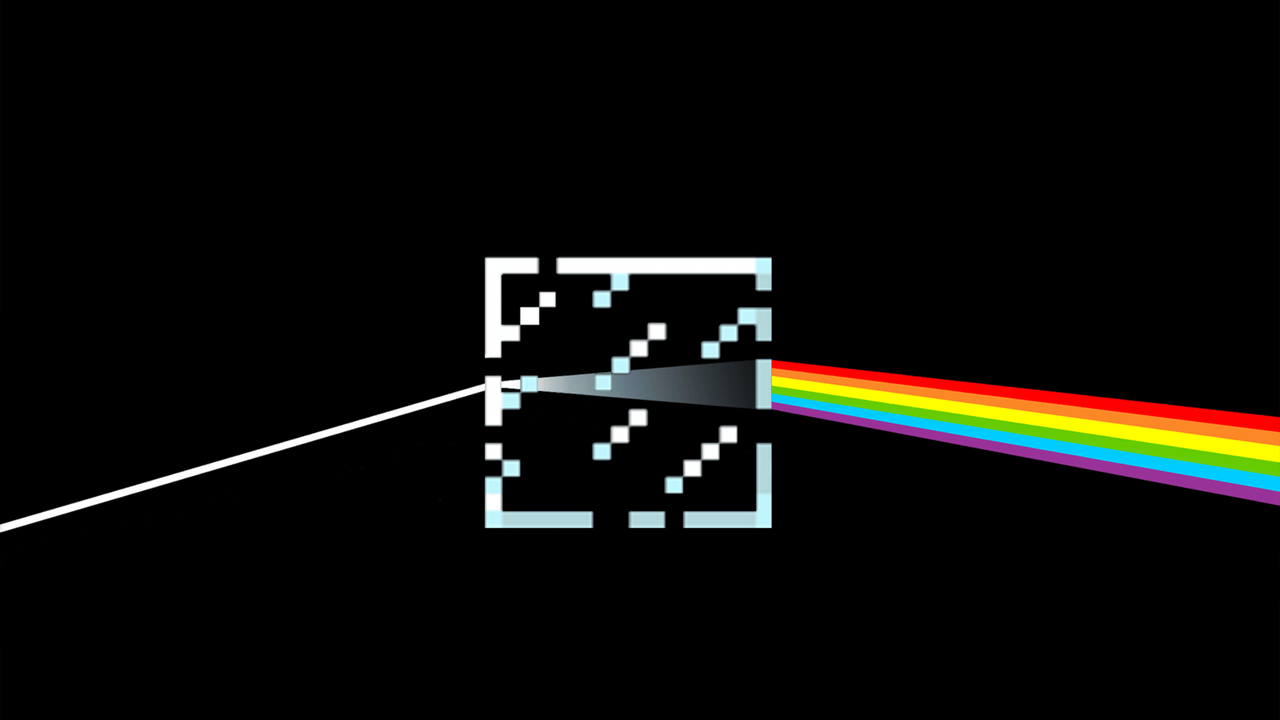 Cubo do minecraft com arco-íris inspirado pela capa do disco do Pink Floyd