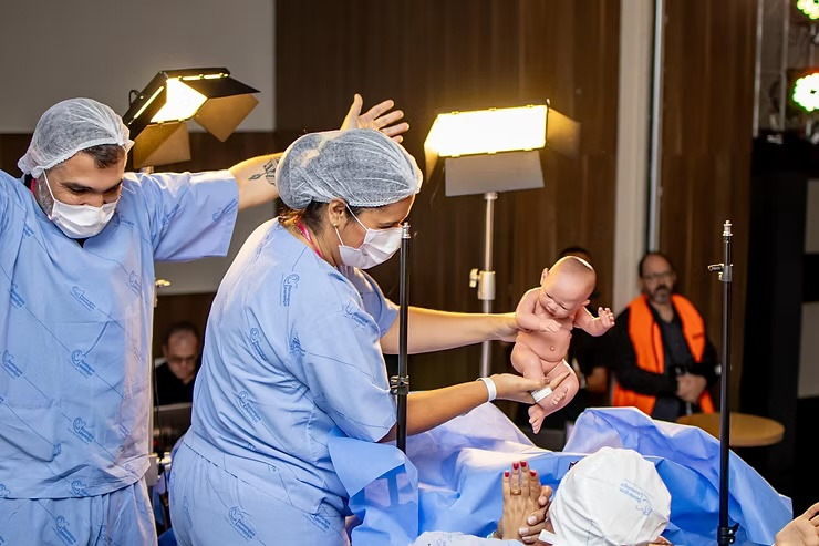Simulação de parto em centro cirúrgico no palco do congresso InFoco 2025, conduzida pela fotógrafa Juliany Gomes, destacando fotografia de parto, congresso de fotografia e aprendizado prático para fotógrafos.