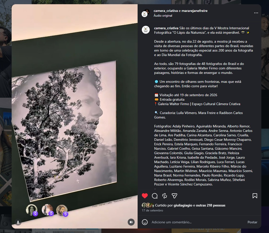 Print do Instagram da Câmera Criativa (18/9) Divulgação da mostra no perfil do Espaço Cultural Câmera Criativa, com informações sobre horários, entrada gratuita e a lista de artistas participantes.