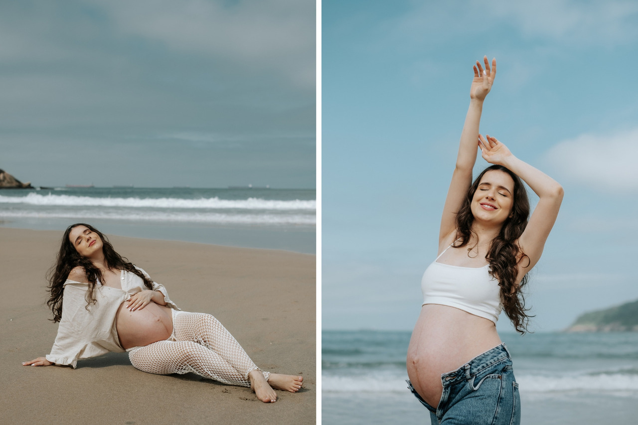 Melhor fotografa de ensaio gestante em guarujá, registra ensaio de gestante com uma linda grávida na praia