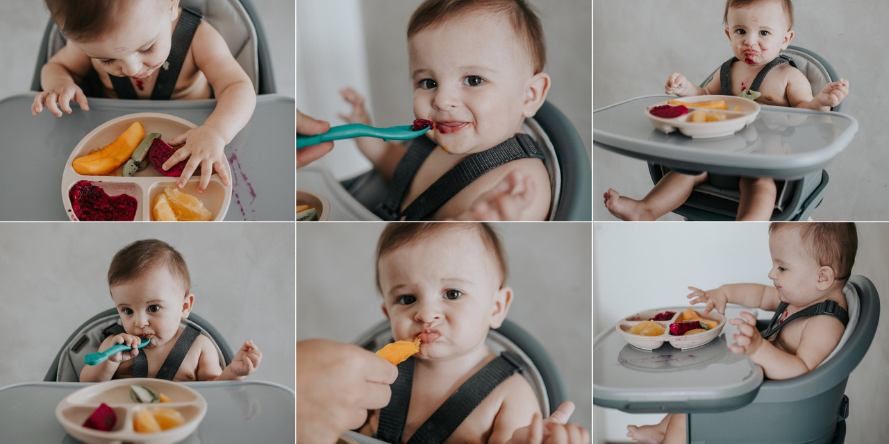 sequência fofa de fotos de bebê comendo