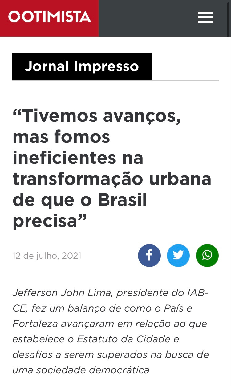 Retrato do Jefferson John Lima, presidente do IAB-CE no Jornal O Otimista.