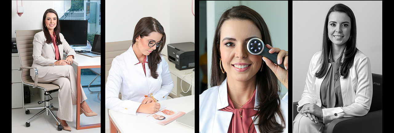 Mulher adulta cor de pelo branca, cabelos longos pretos, roupa branca com camisa marron, e foto mono cromática, utilizando escritório e Dermatoscope.