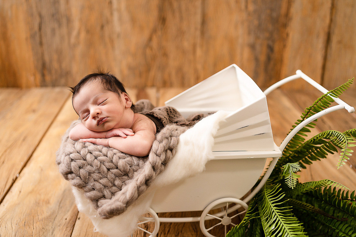 Bebê em carrinho branco