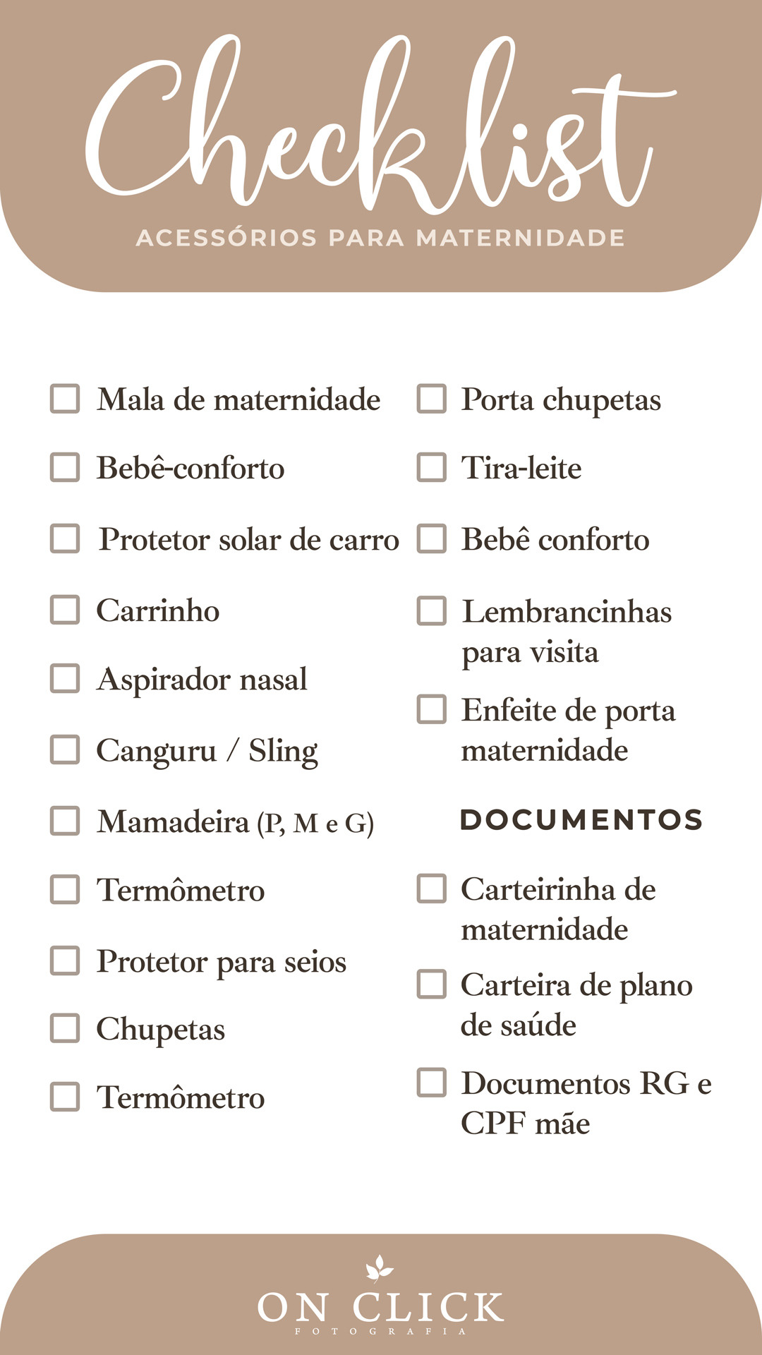 Checklist para acessórios de maternidade