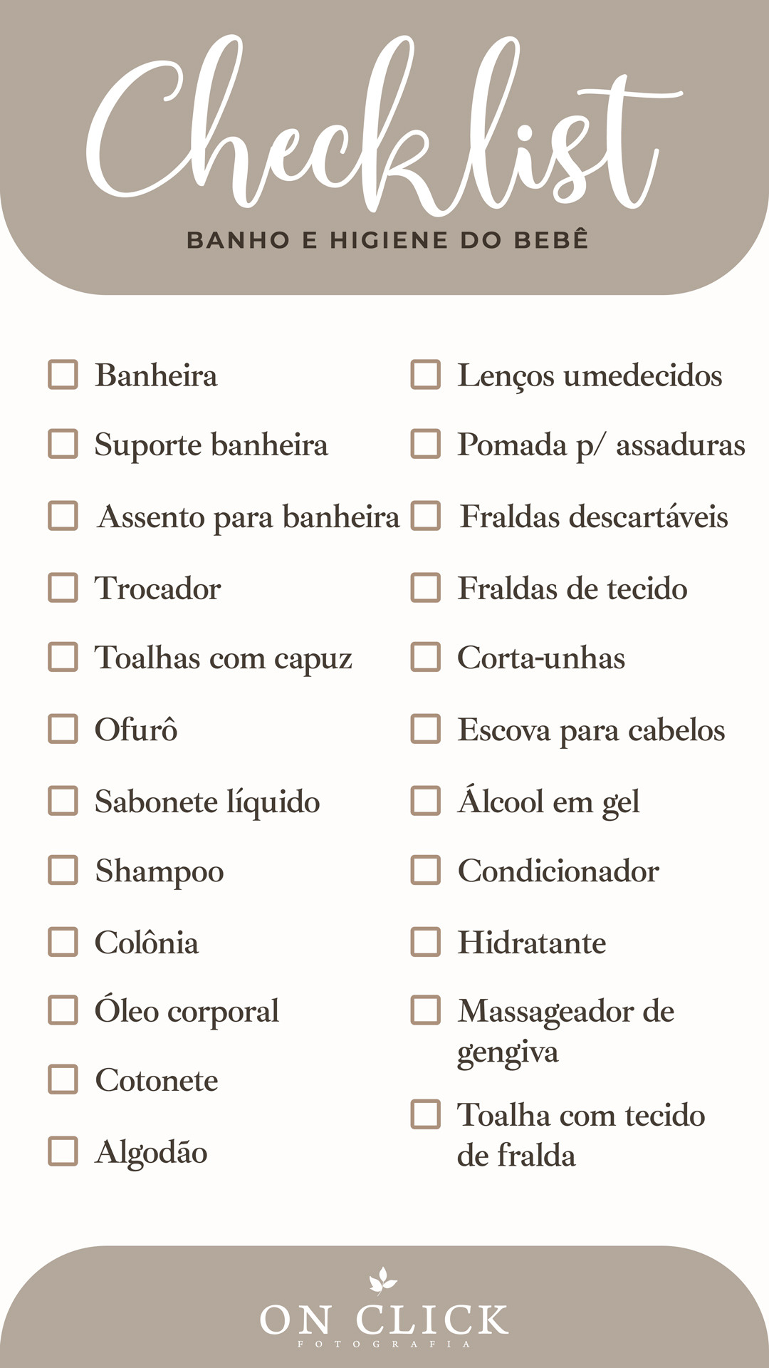 Checklist dos itens de banho e higiene do bebê