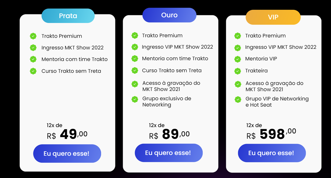 As opções disponíveis que garantem o ingresso para a edição 2022, além de bônus que integram o seu fluxo de trabalho a plataforma da Trakto.