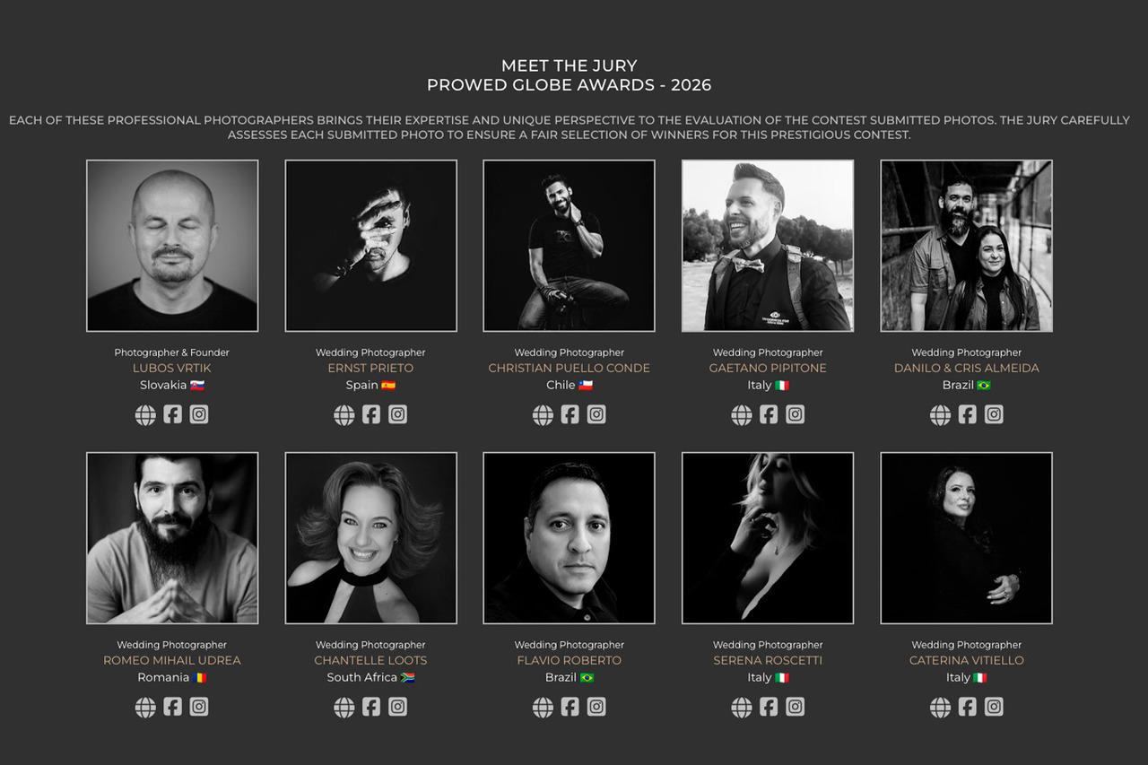 Página oficial do PROWED Globe Awards 2026 apresentando os jurados internacionais, incluindo o fotógrafo brasileiro Flávio Roberto entre profissionais de diversos países especializados em fotografia de casamento.