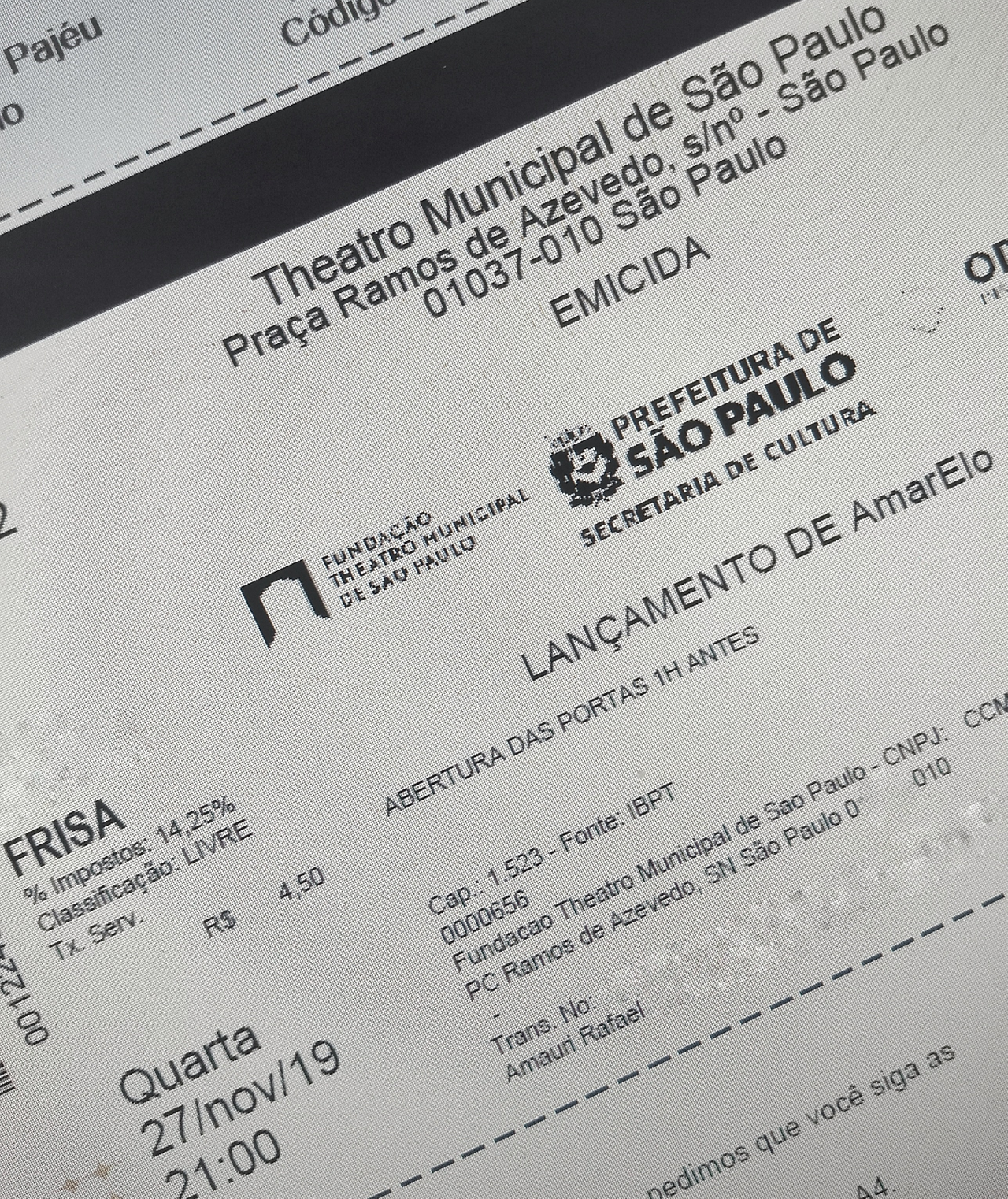 Ingresso do show do emicda no teatro municipal que ocorreu no dia 27 de novembro de 2019 as 21 horas