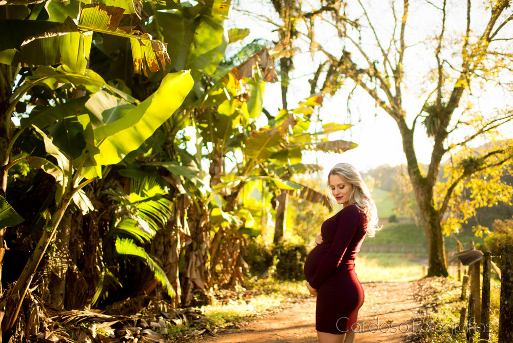 Gestante com vestido vermelho em campo dourado ao nascer do sol. Fotografado por Chandra Cardoso Fotografias em Blumenau