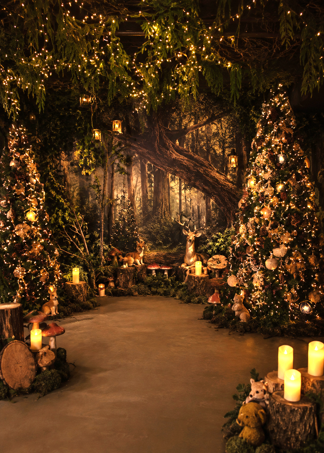 uma floresta cheia de luzes e animais que é a temática principal do cenário de Natal do cardoso Fotoografias para 2026 que foi inspirado na Disney