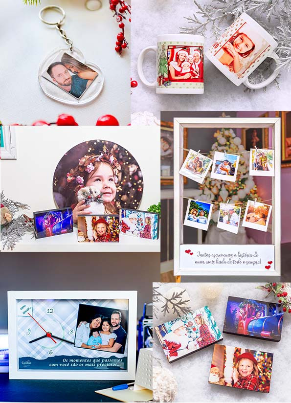 vários produtos estampados com fotografias que o Cardoso Fotografias de Indaial oferece aos seus clientes durante os ensaios fotográficos de Natal