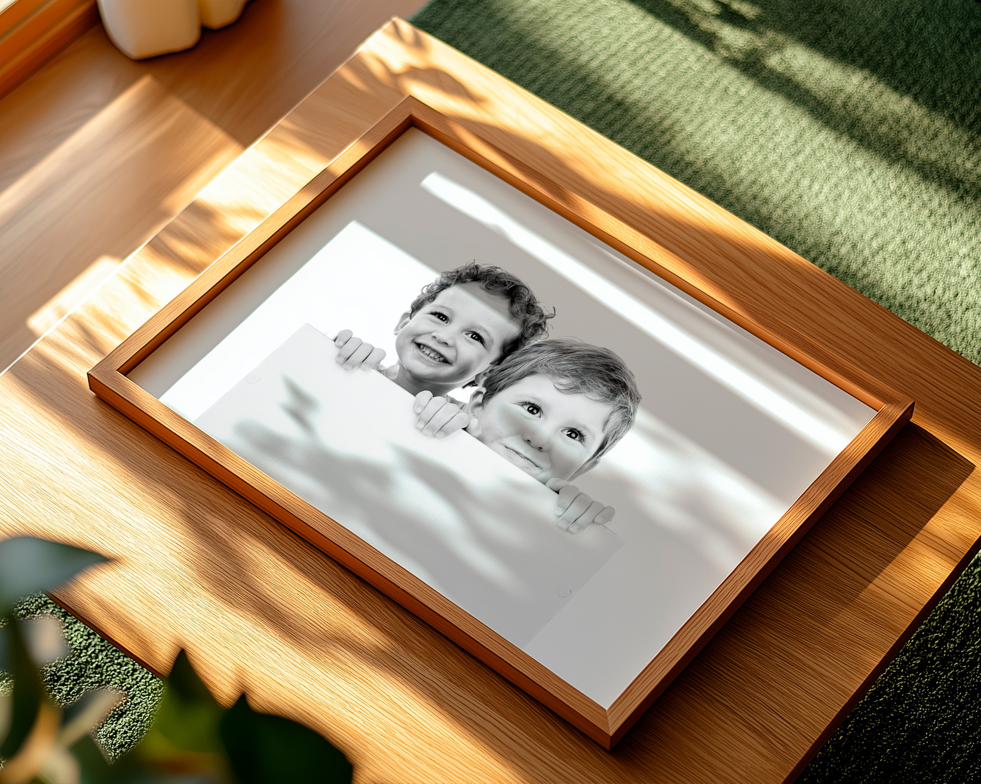 Quadro fotográfico em moldura de madeira com retrato espontâneo de irmãos sorrindo, exposto sobre mesa de madeira com luz natural.