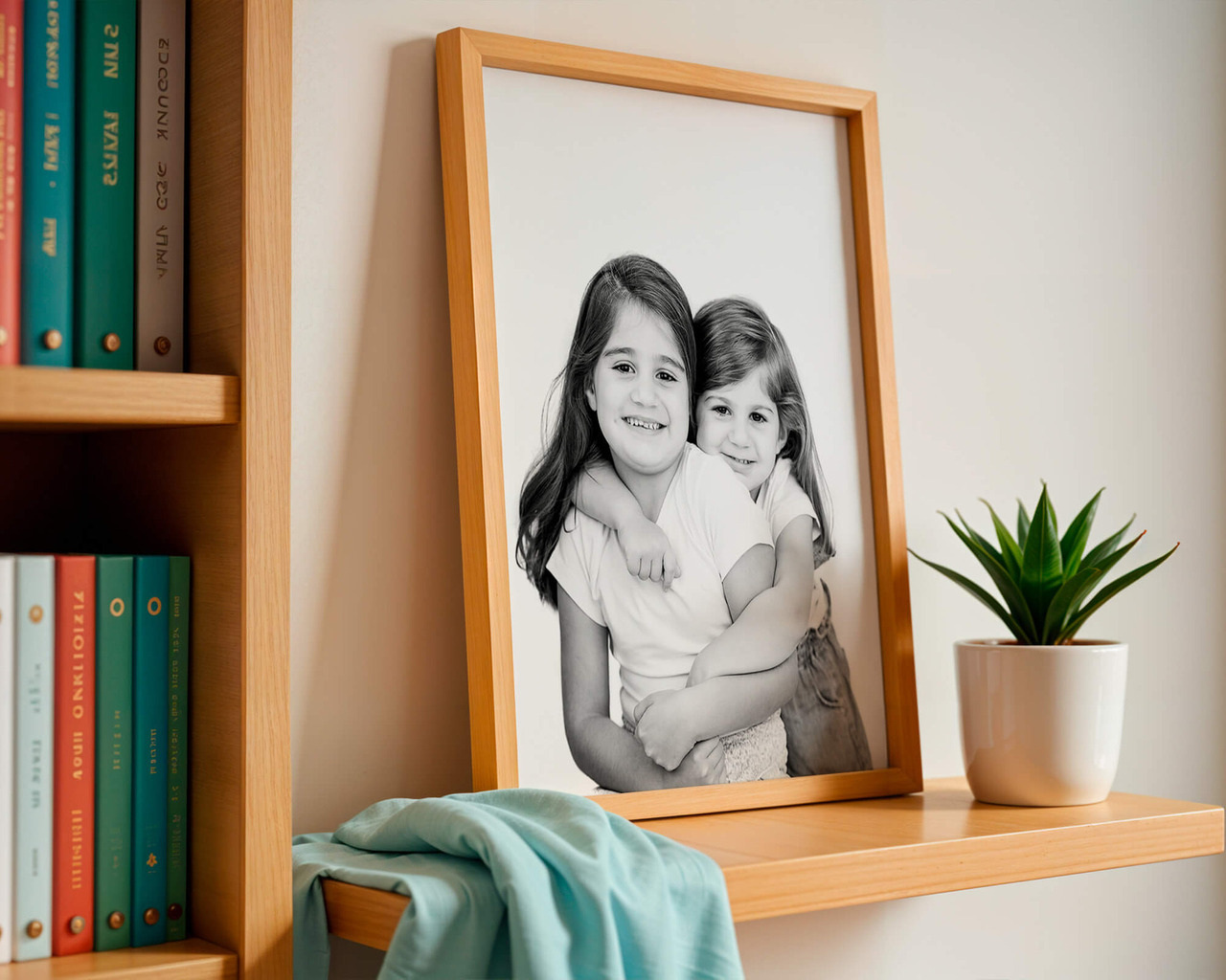 Retratos infantis em preto e branco emoldurados, com fundo neutro e moldura de madeira clara.