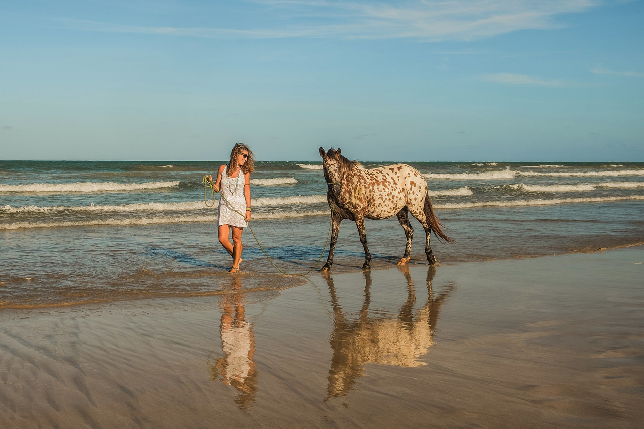 Mulher caminhando com um cavalo na praia de Bainema durante ensaio fotográfico feminino em Boipeba, cercada pela natureza preservada da Bahia.