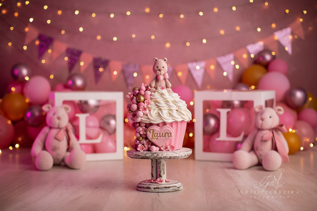 ensaio de bebê bolo smash the cake urso rosa