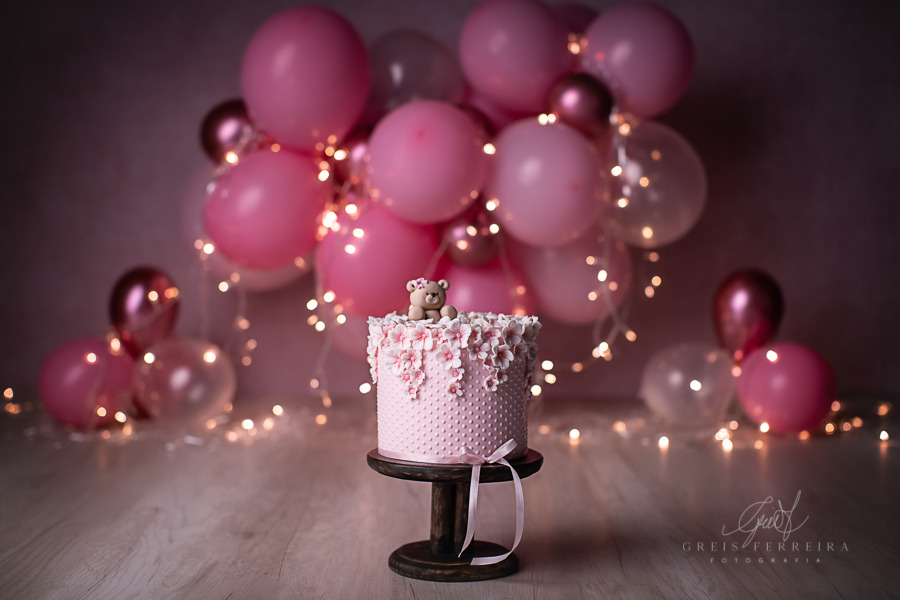ensaio de bebê bolo smash the cake urso rosa