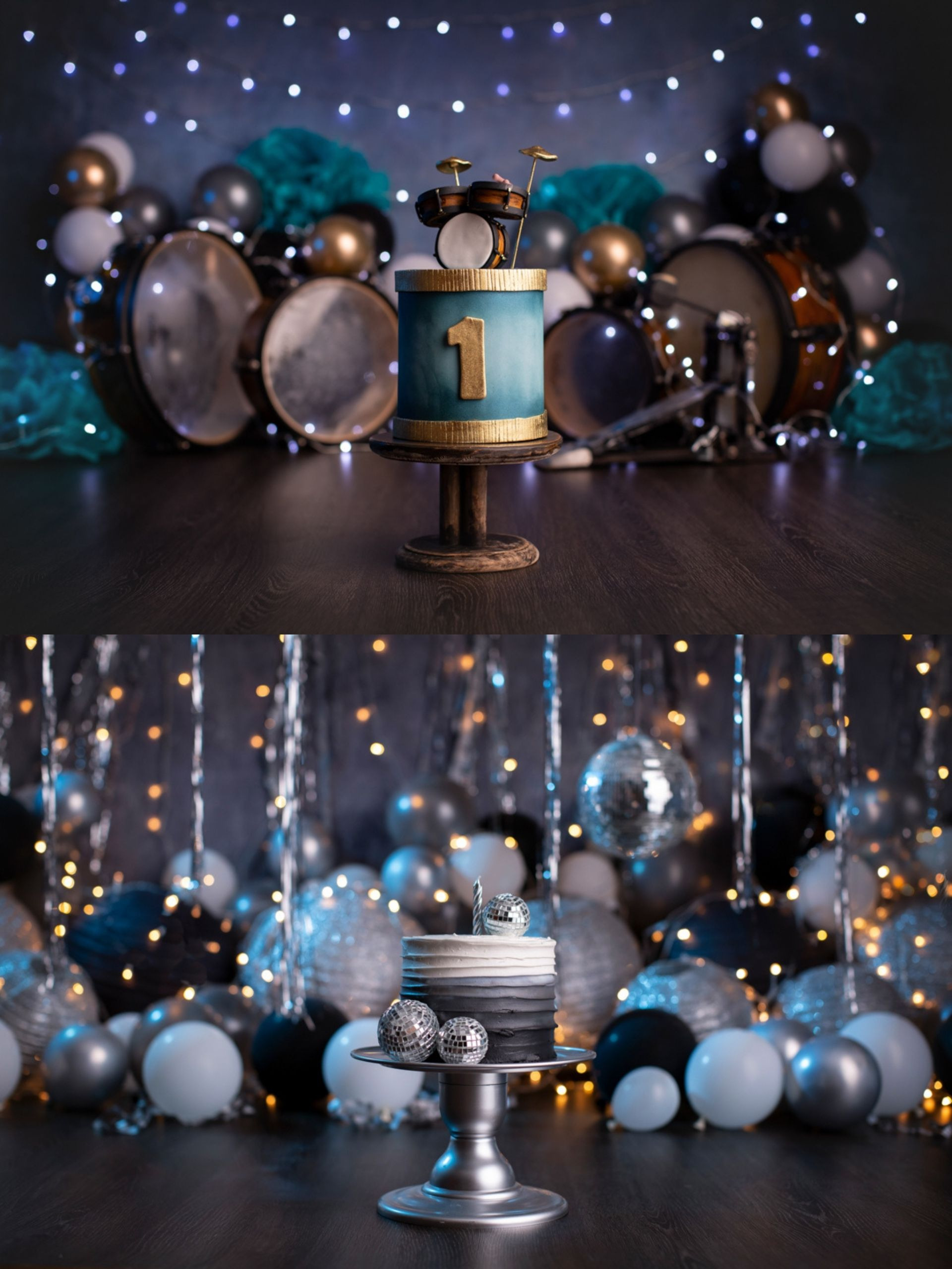 Smash the Cake Rock n' Roll musica bateria mae de menino ensaio de aniversário de bebe