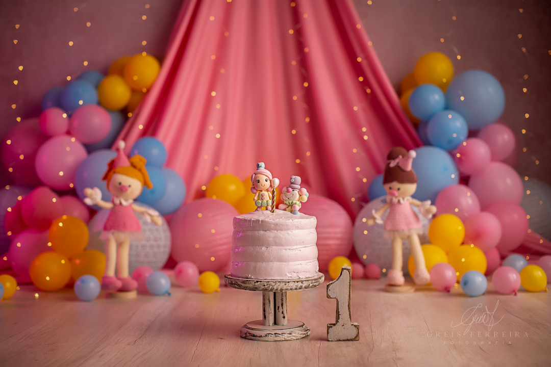 Smash the Cake Circo Rosa de palhacinha tenda rosa com suporte de bolo de aniversario branco e bolo